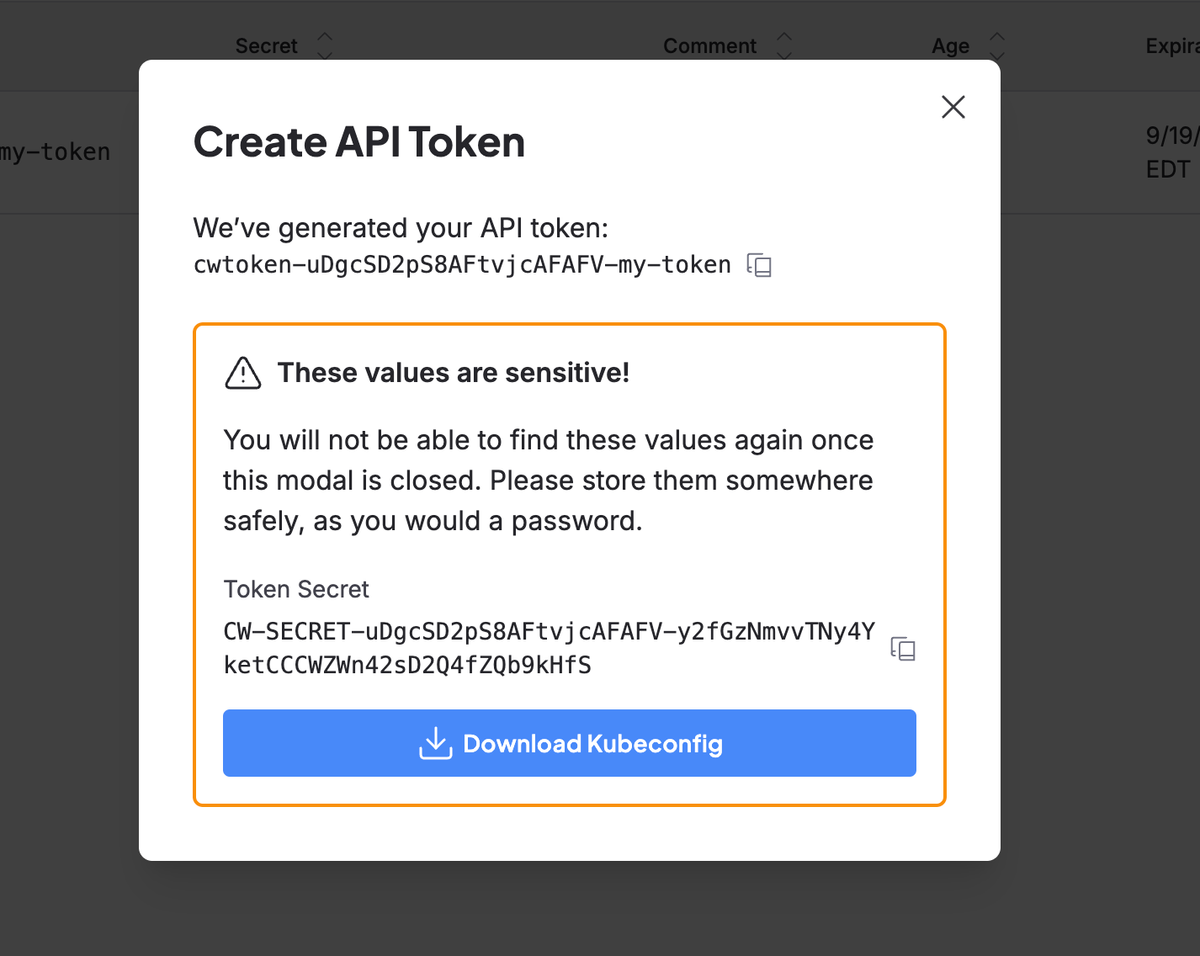 A screenshot of the Kubeconfig warning modal, including secret values.