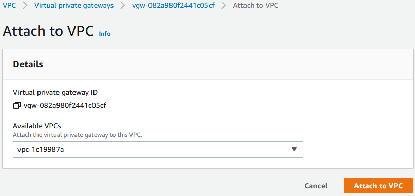Second "Attach to VPC" configuration screen.