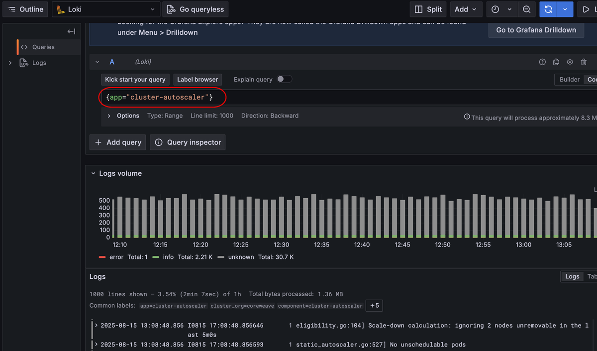 Image showing Grafana Explorer search autoscaling logs