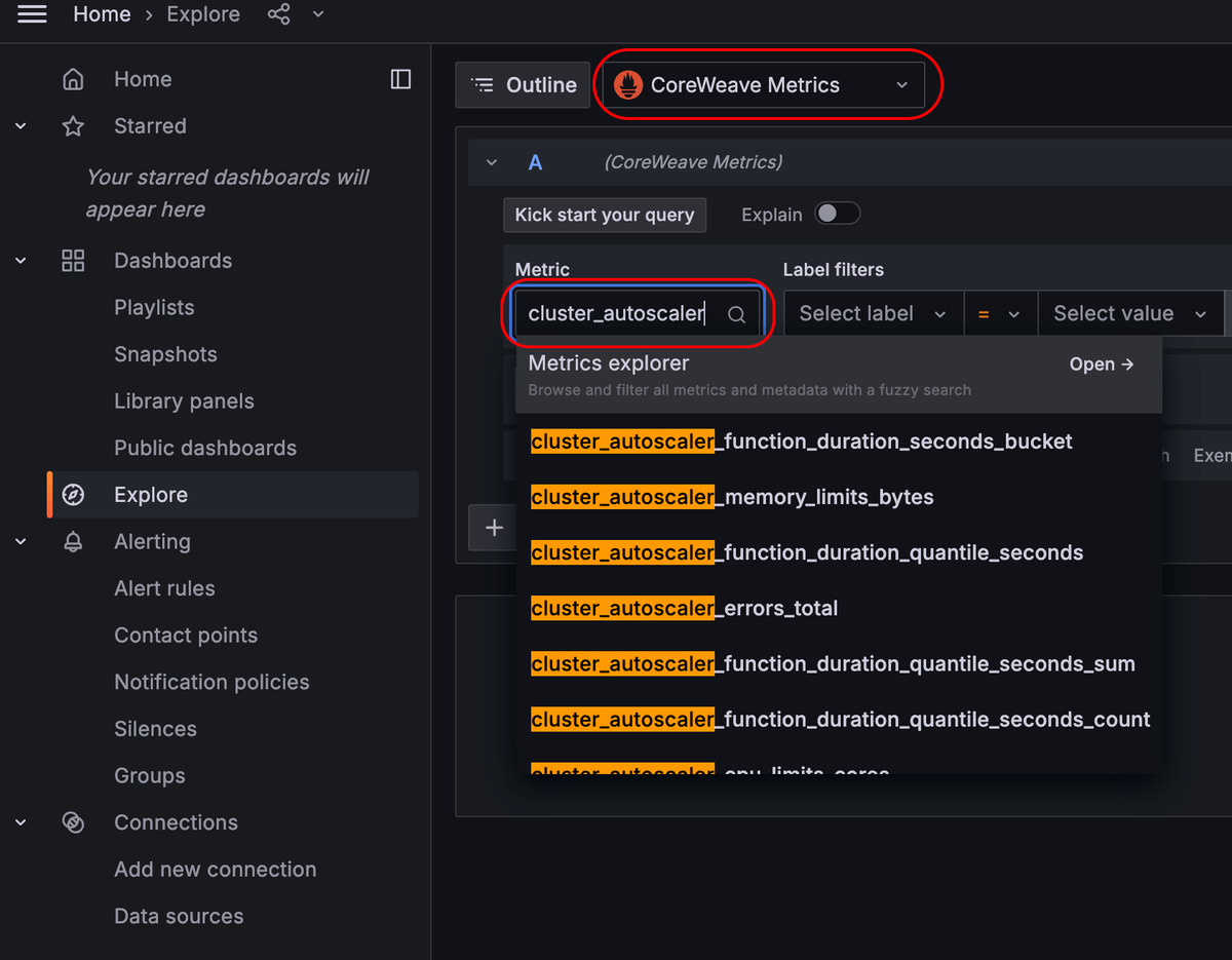 Image showing Grafana Explorer for searching autoscaling metrics