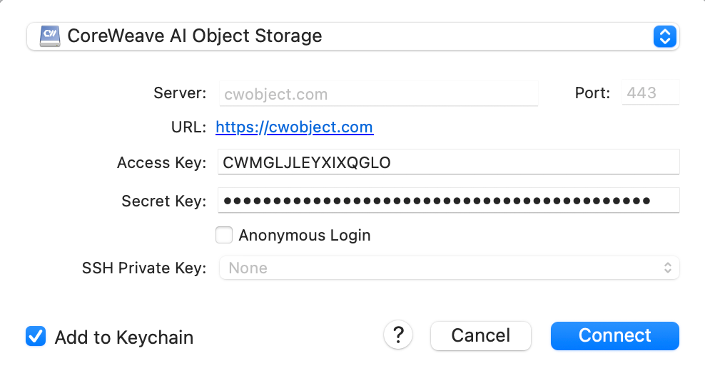 Cyberduck connection with CoreWeave AI Object Storage