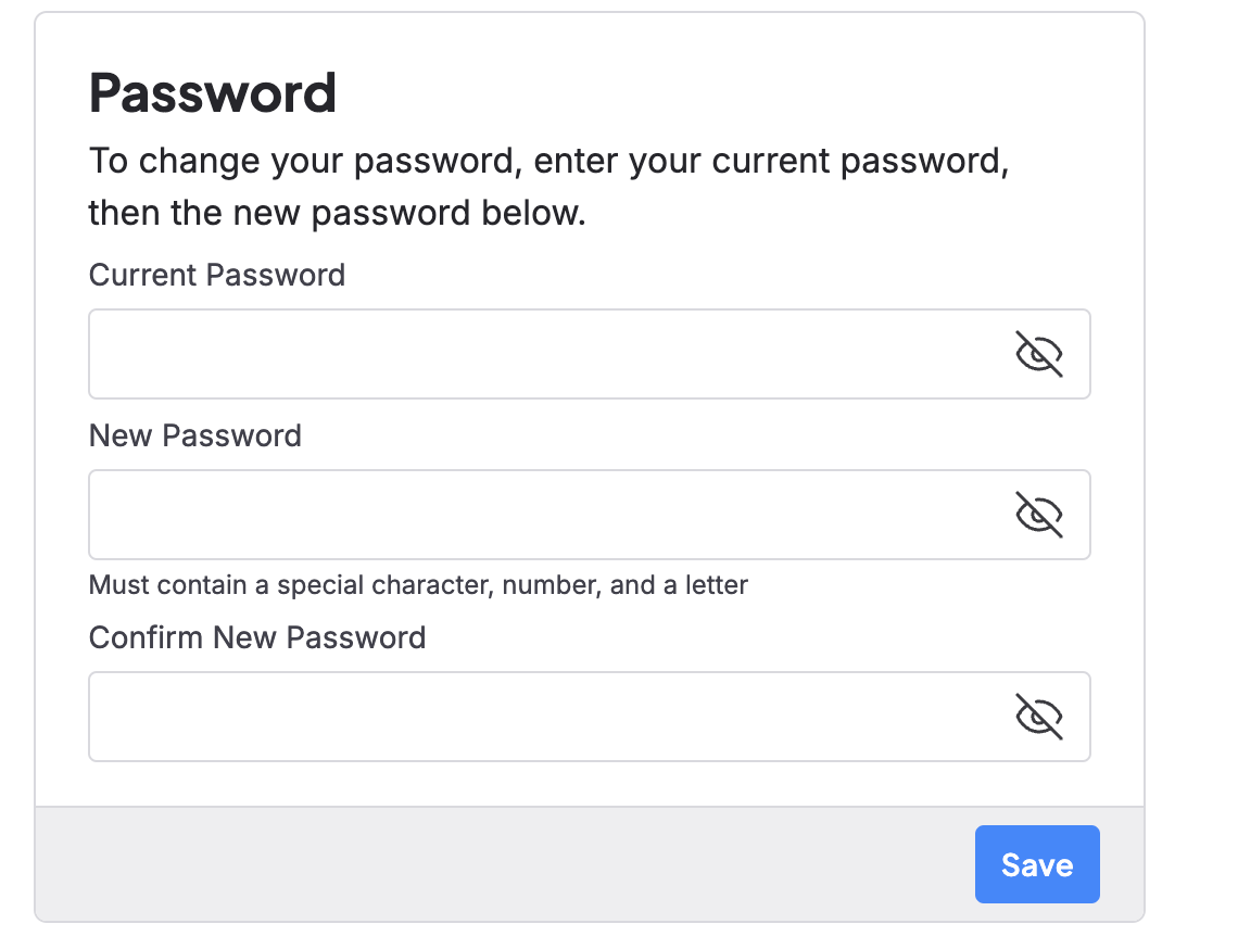 A section of a page where a user may enter their current password and a new one in order to change it.