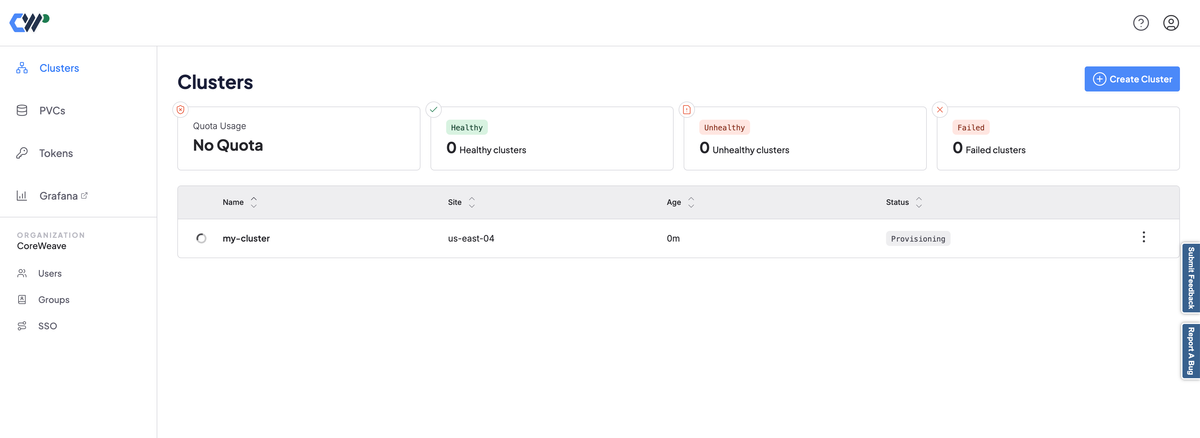 Screenshot of the CoreWeave Cloud Console homepage