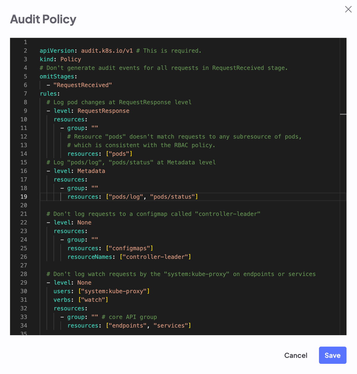 A screenshot of the Audit Policy editing window