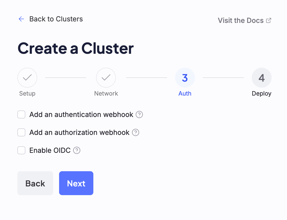 A screenshot of Step 3 of cluster configuration, auth settings