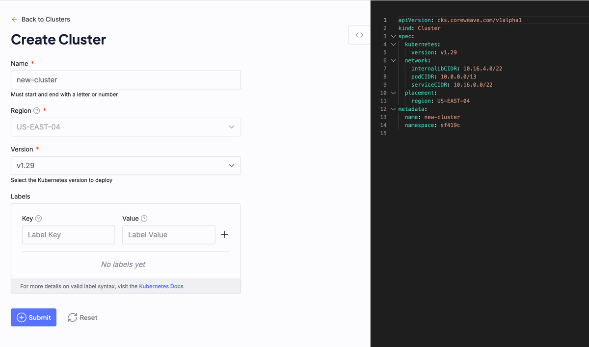 A screenshot of the Cloud Console Cluster creation form with the YAML editor beside it