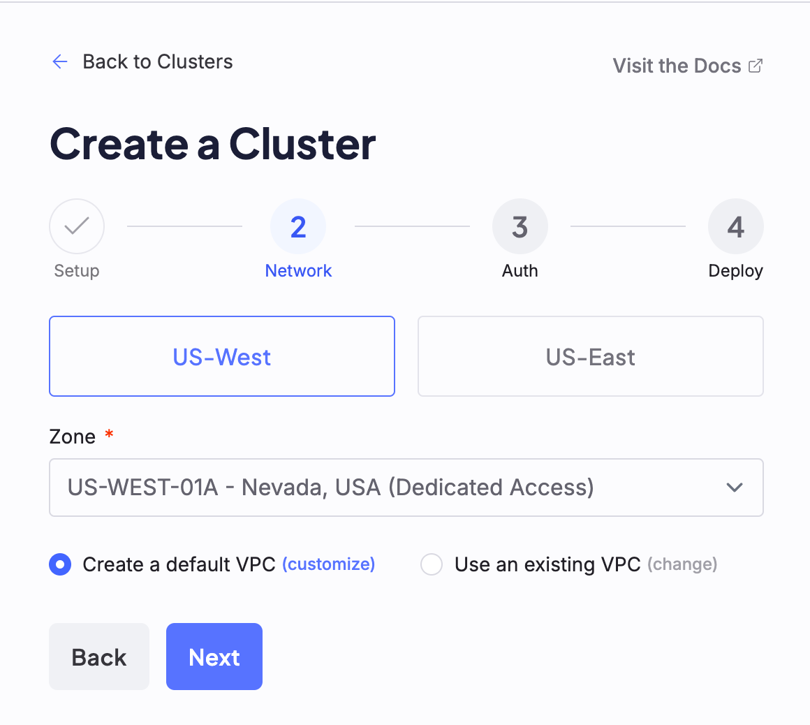 A screenshot of the second step to creating a cluster, labeled "Zone"