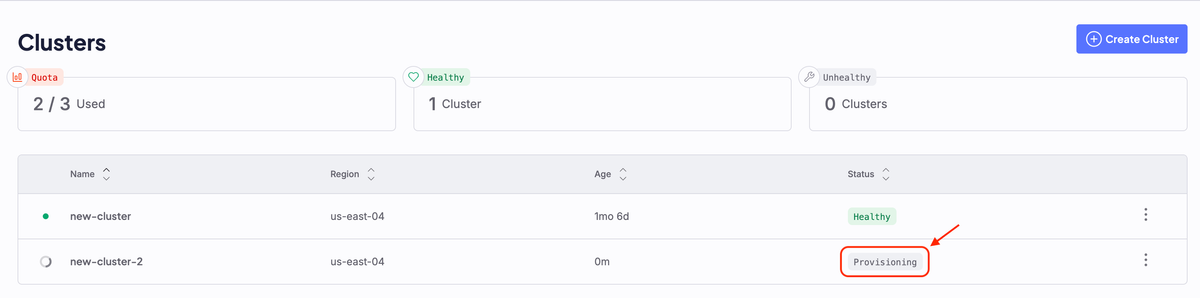 A screenshot of the Cloud Console Cluster creation dashboard, showing a Cluster in the `Provisioning` state