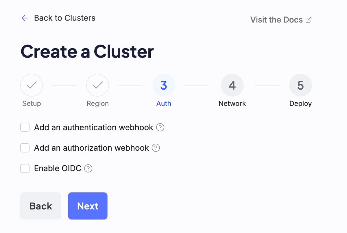 A screenshot of Step 3 of cluster configuration, auth settings