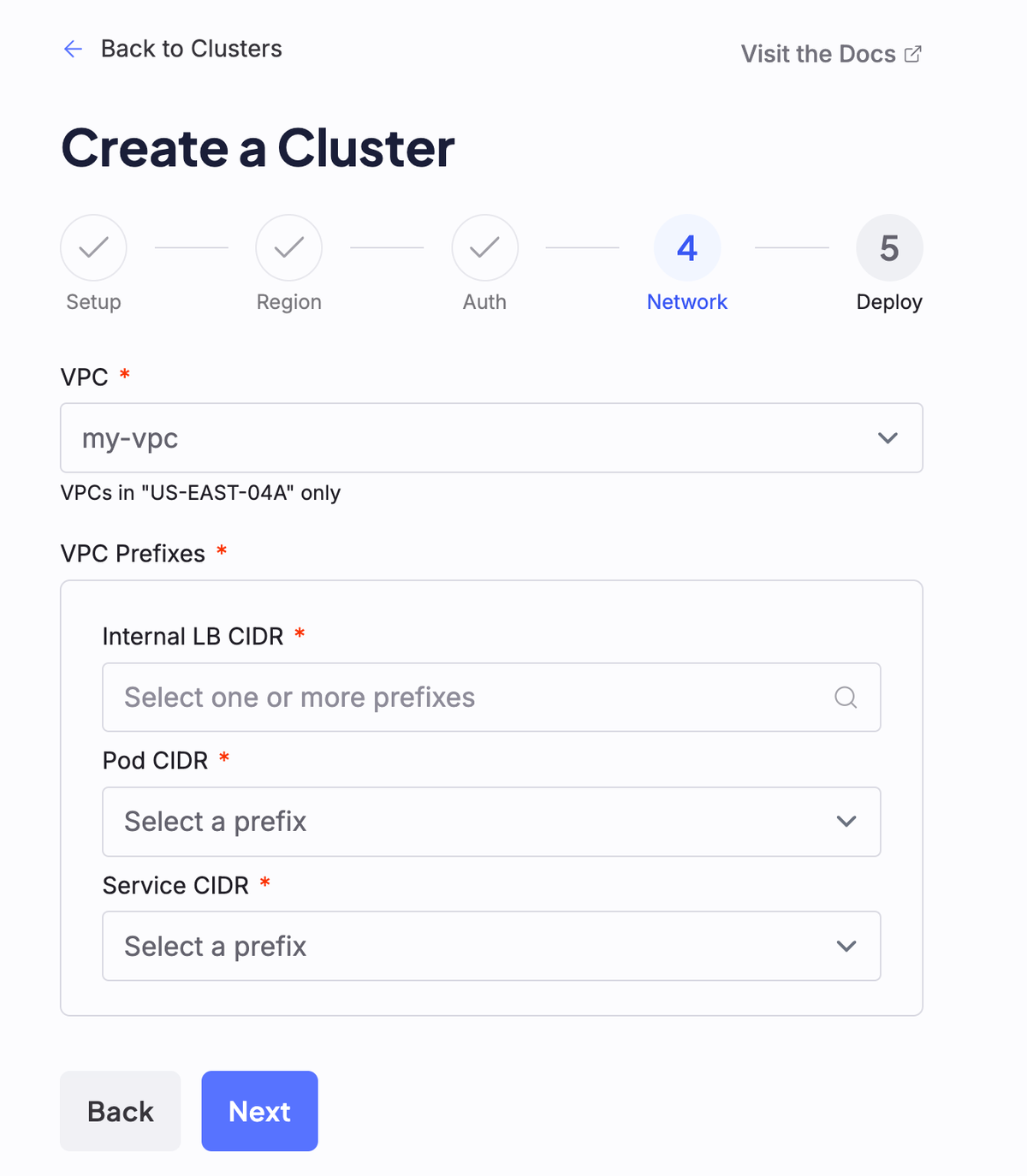 A screenshot of the fourth step to creating a cluster, labeled "Network"