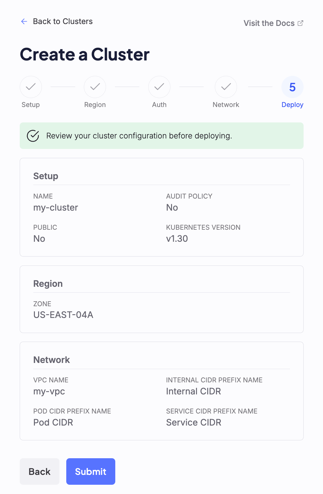 A screenshot of the final step to creating a cluster, labeled "Deploy"