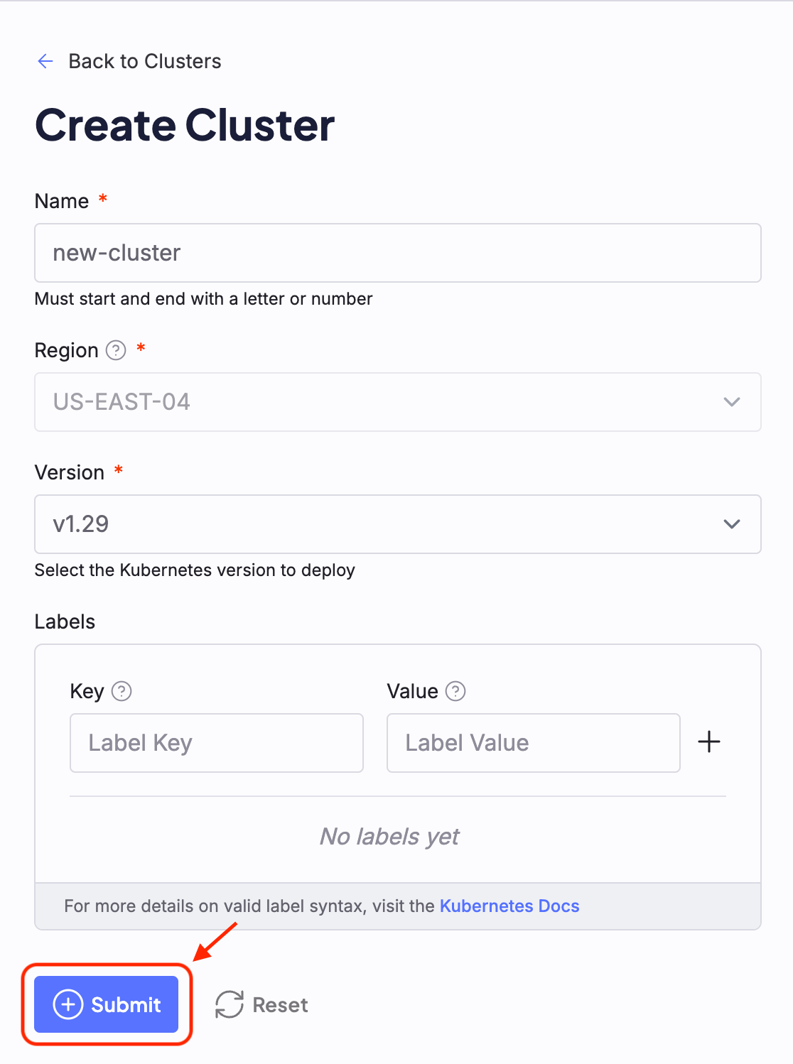 A screenshot of the Cloud Console Cluster creation form with the YAML editor beside it, highlighting the "Submit" button.