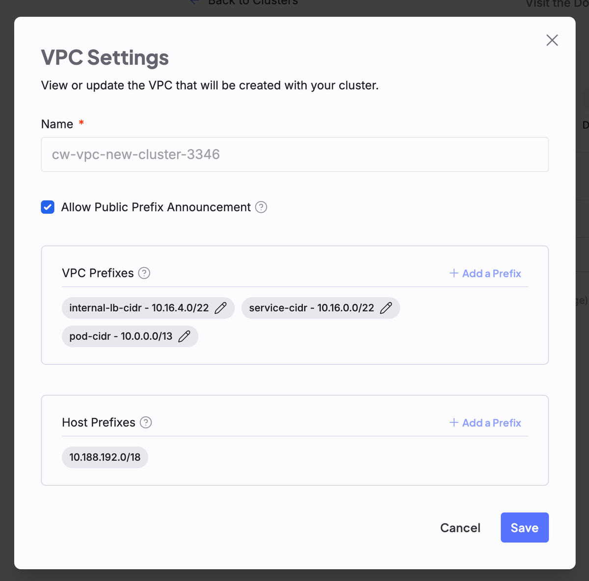 A screenshot of the default VPC customization window