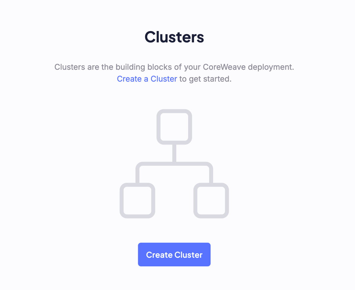 A screenshot of the Cloud Console cluster dashboard, with no current clusters