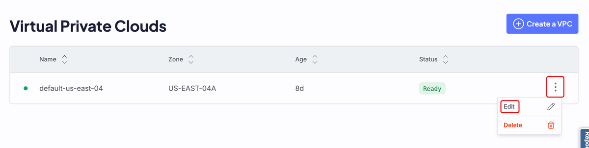 A screenshot of the Cloud Console VPC dashboard with the three-dot and Edit menus highlighted