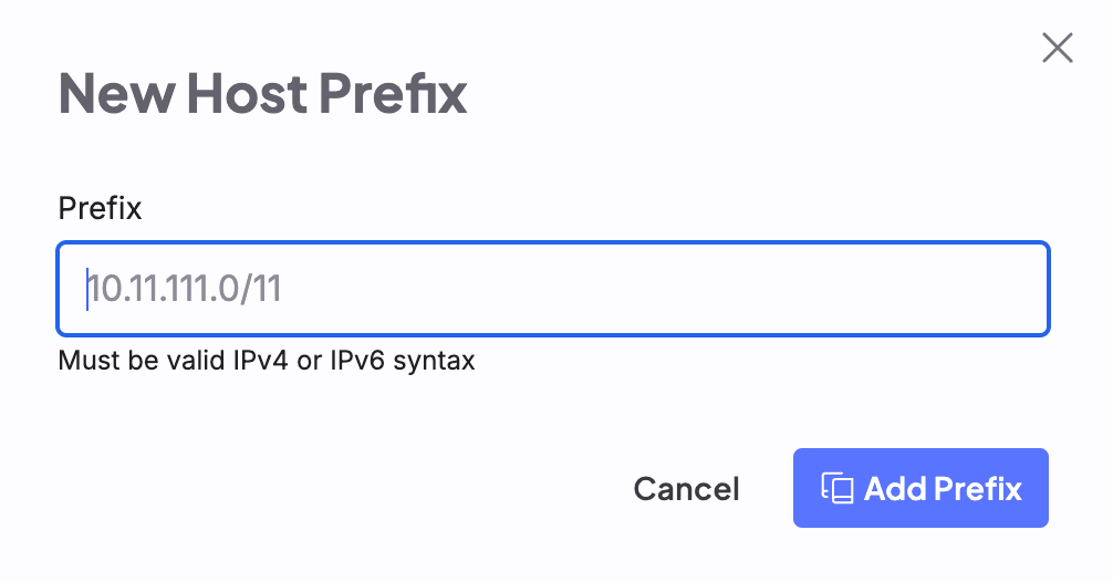 A screenshot of the the "New Host Prefix" menu in the Cloud Console