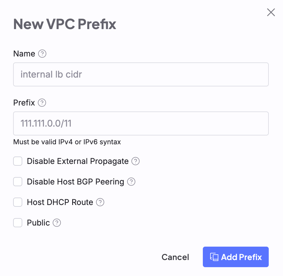 A screenshot of the the "New VPC Prefix" menu in the Cloud Console