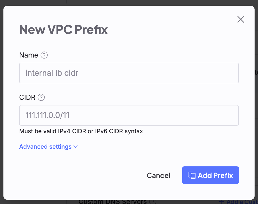 A screenshot of the the "New VPC Prefix" menu in the Cloud Console