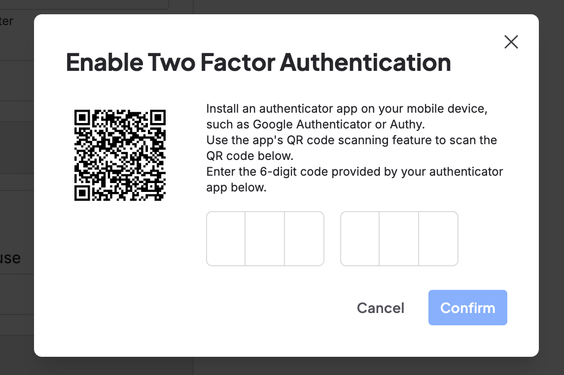 A modal with a QR code to link 2FA to an authentication app.