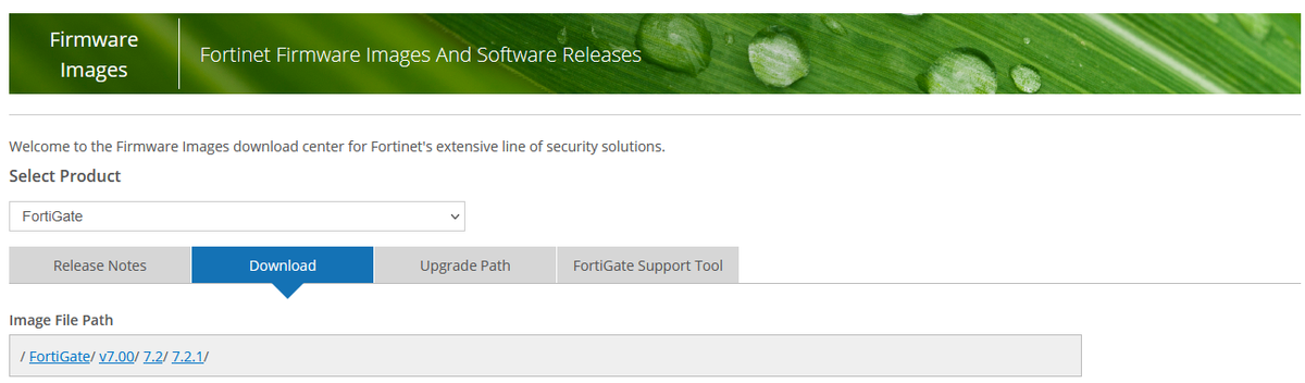 The Fortinet Firmware Images and Software Releases catalog with listed downloads