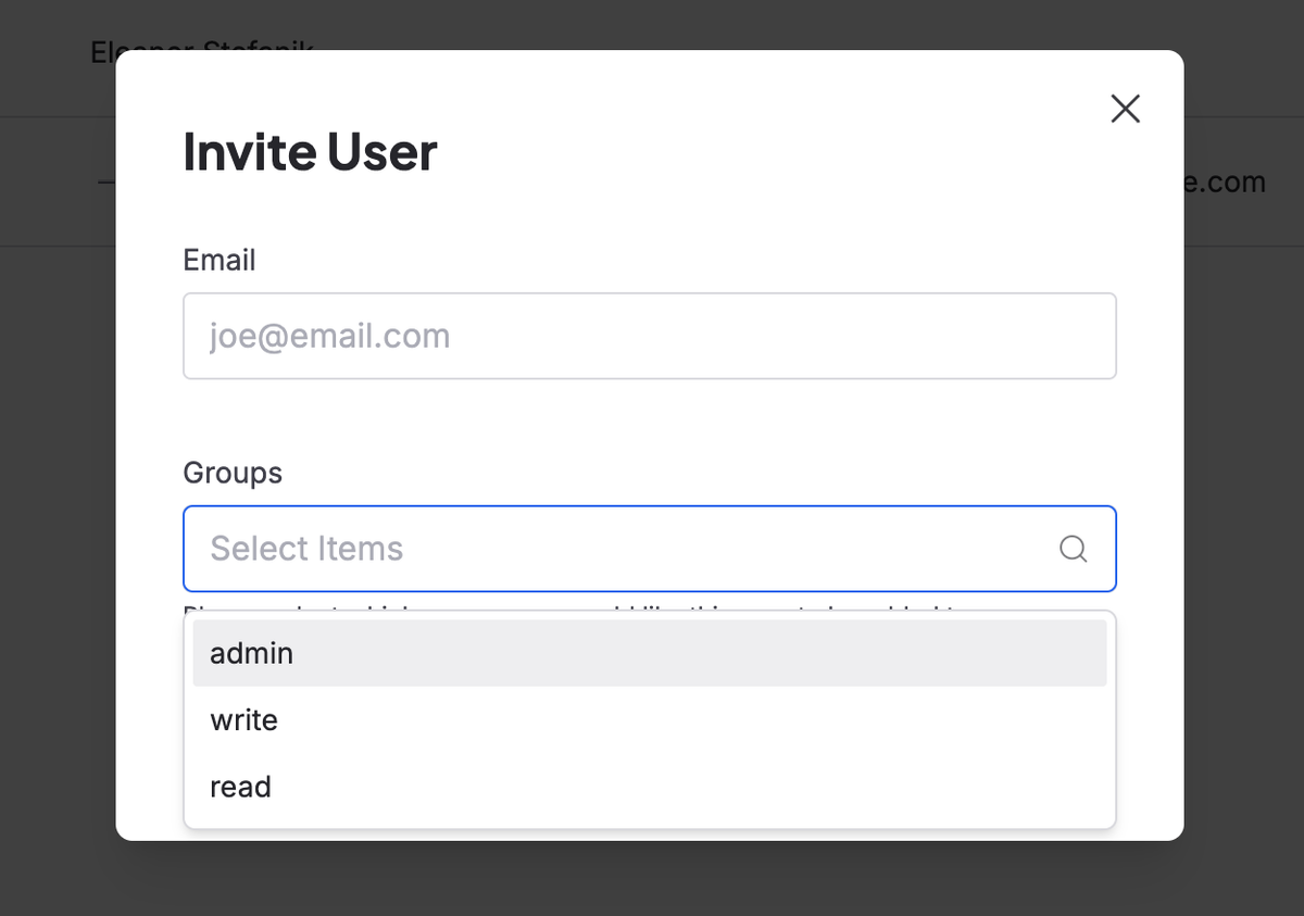 A modal which shows three groups an Admin can choose from to invite users to.