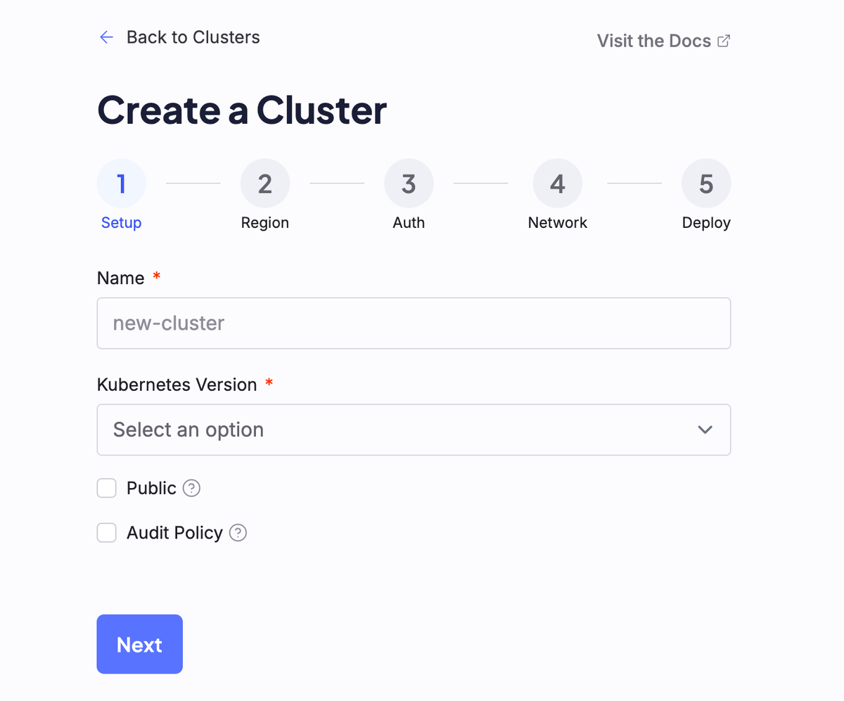 A screenshot of the first step to creating a cluster, labeled "Setup"