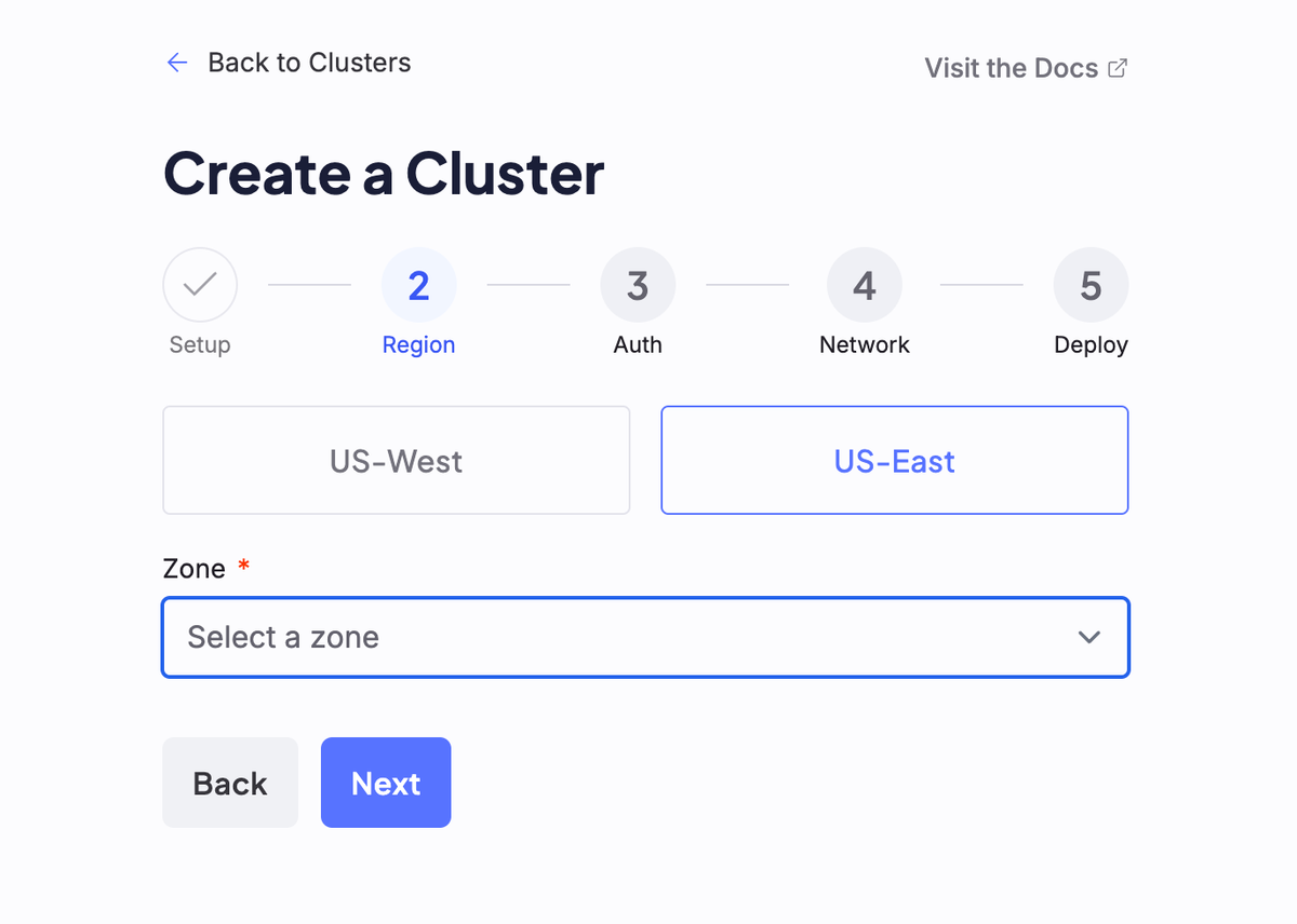 A screenshot of the second step to creating a cluster, labeled "Region"