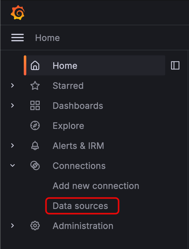 Grafana menu with data sources item indicated