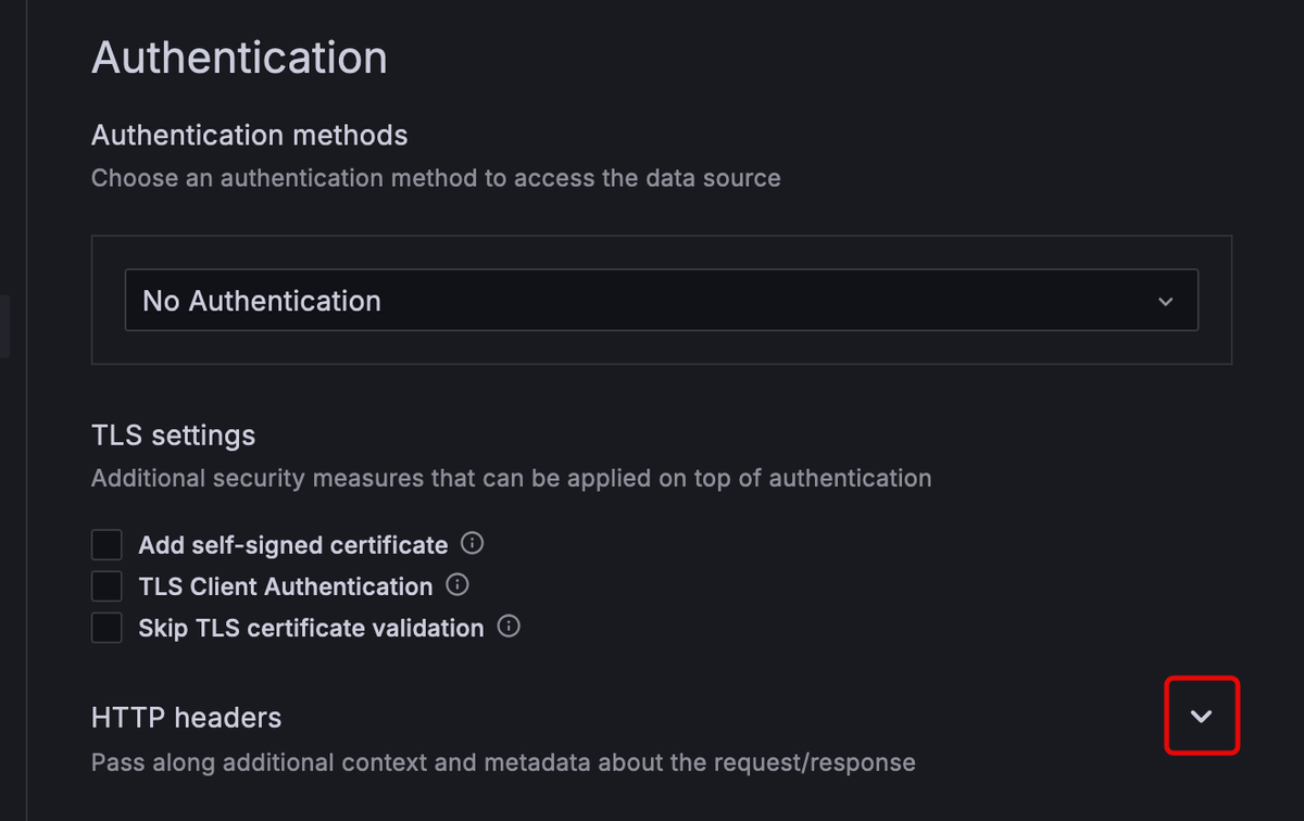 Authentication section of Grafana data sources screen