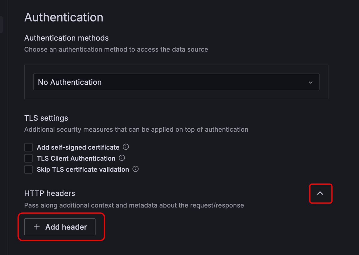 HTTP headers section of Grafana data sources screen