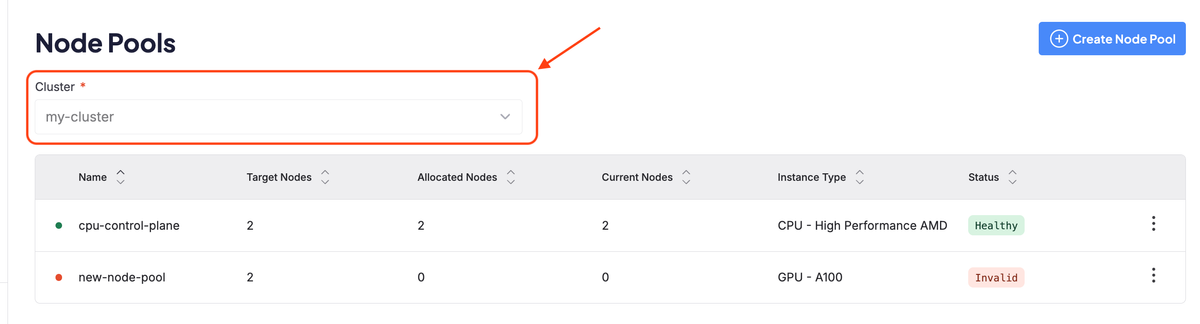 A closeup of the cluster selection dropdown on the dashboard for creating and customizing Node Pools.