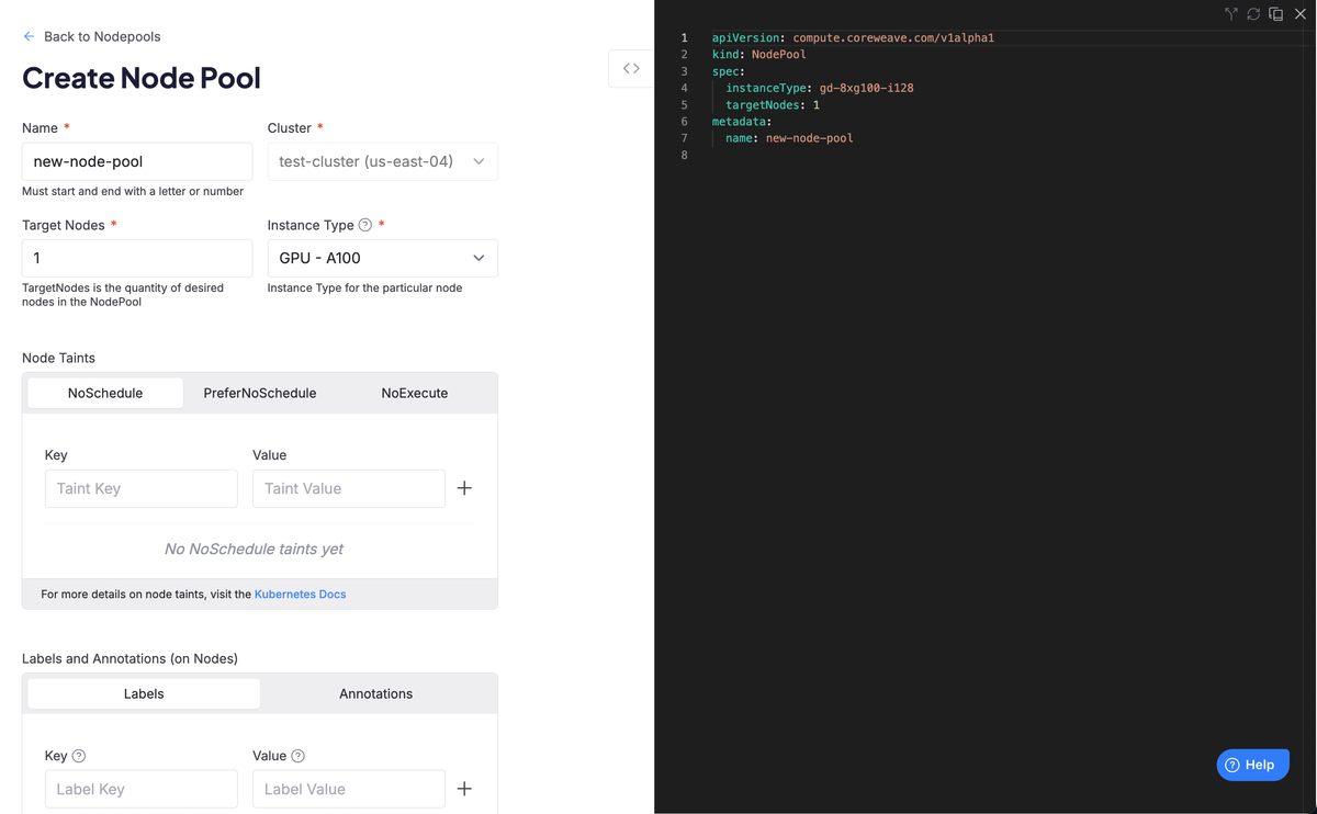 The dashboard for creating and customizing Node Pools and its equivalent CR manifest.