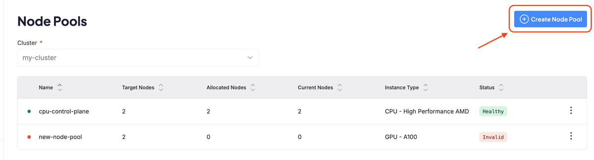 The homepage of a user Cloud Console account with the Node Pools tab highlighted.