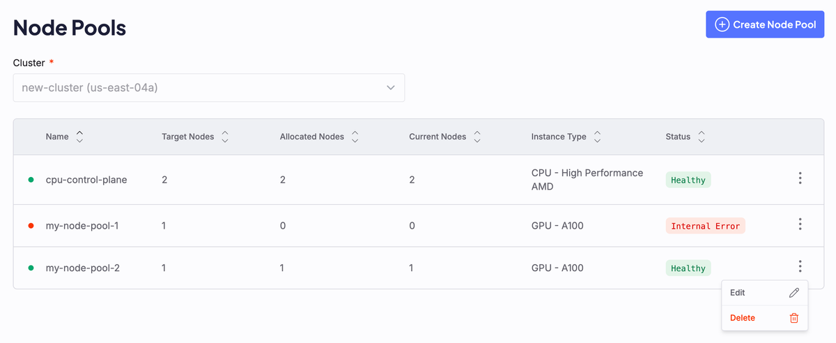 Screenshot showing the edit and delete modals open on the Node Pool dashboard.