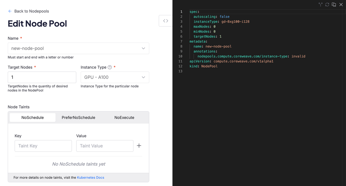 Screenshot showing the Node Pool creation page.