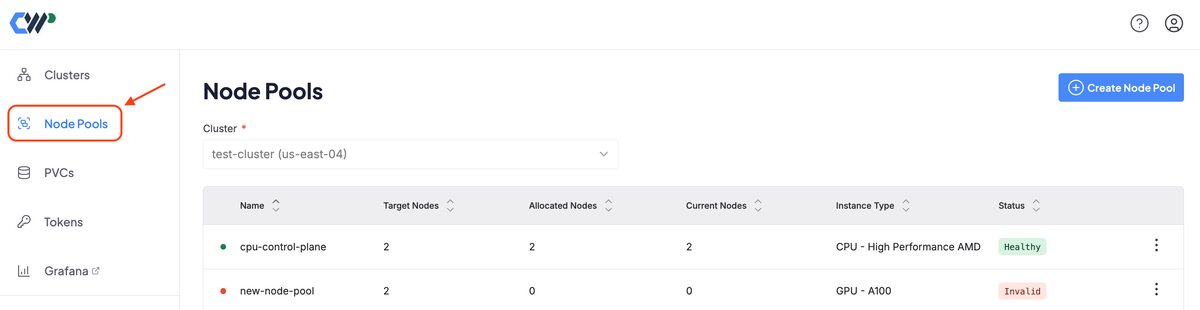 The homepage of a user Cloud Console account with the Node Pools tab highlighted.