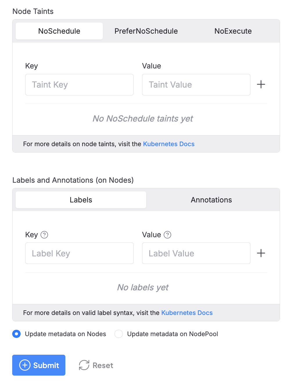 The dashboard for creating and customizing Node Pools and its equivalent CR manifest.