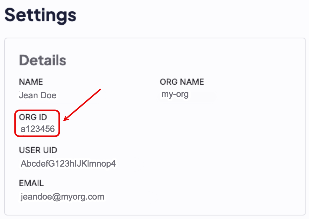 A screenshot of the Settings page highlighting the Org ID section.