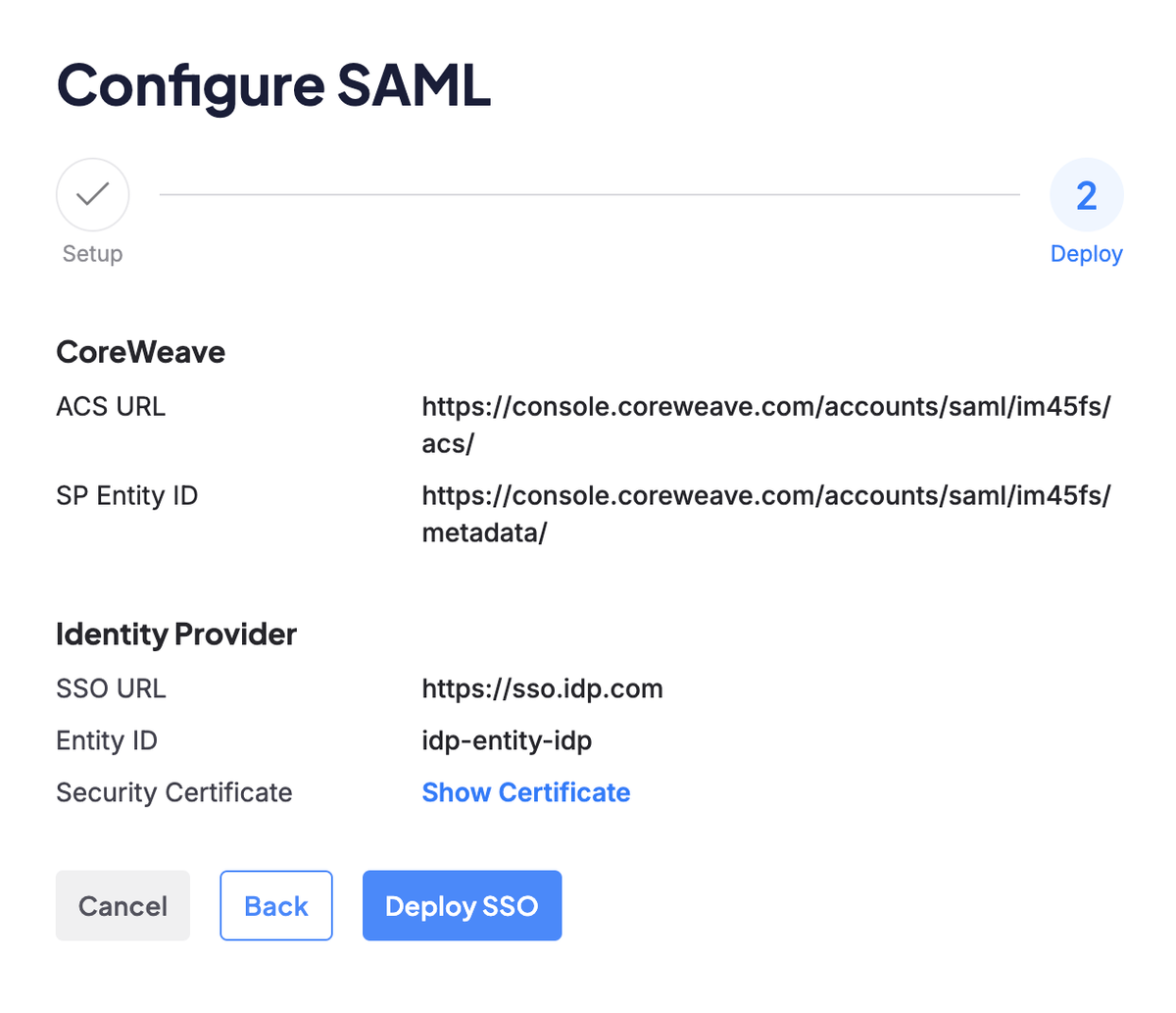 Screenshot showing all SSO fields filled in for manual configuration