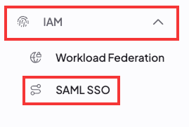 Screenshot showing the location of the SAML SSO link for administrators under the "Organization" section of the navigation bar