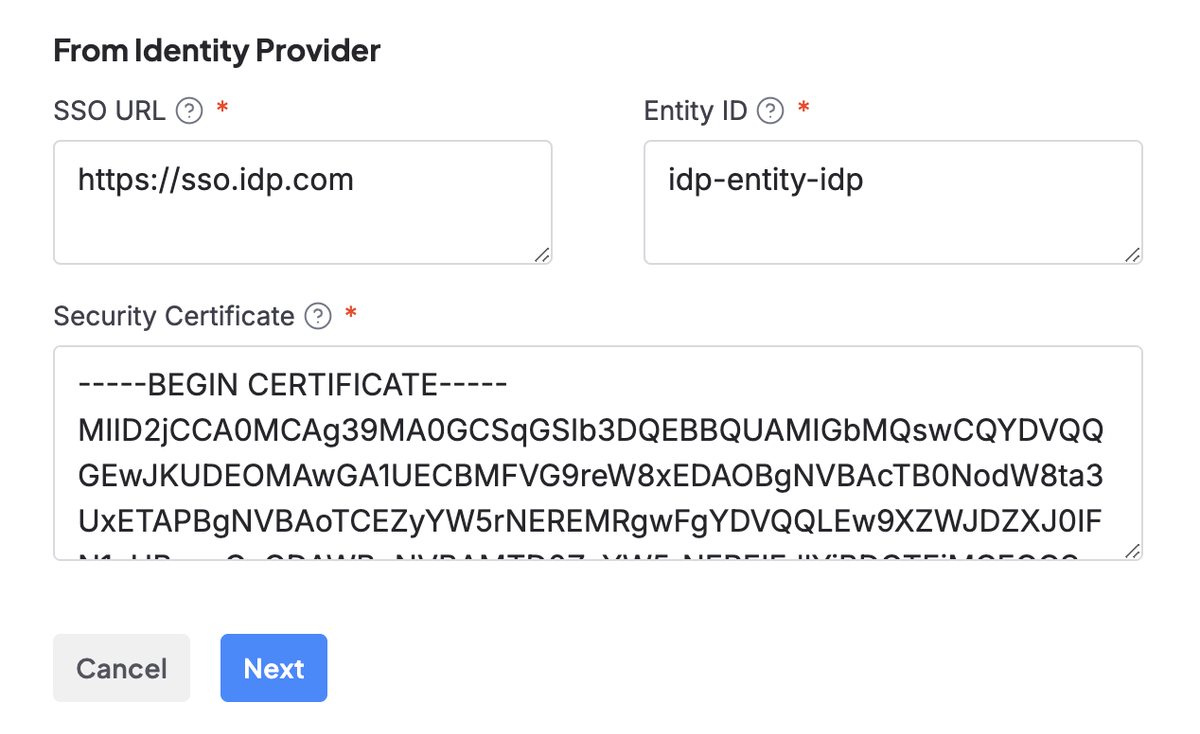 Screenshot showing all SSO fields filled in for manual configuration