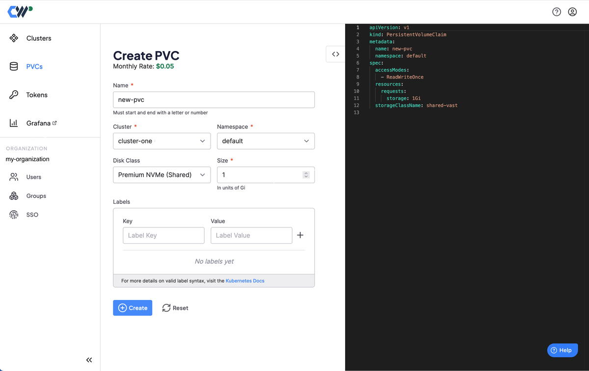 Create PVC screen in Console UI