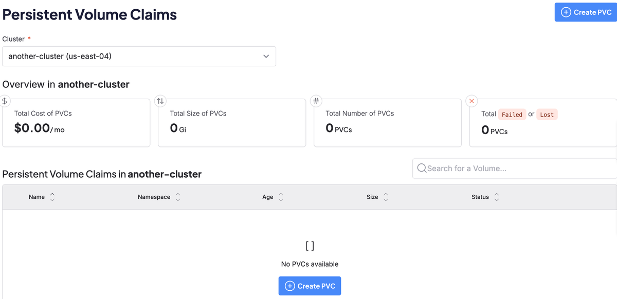 Persistent Volume Claims in Console UI