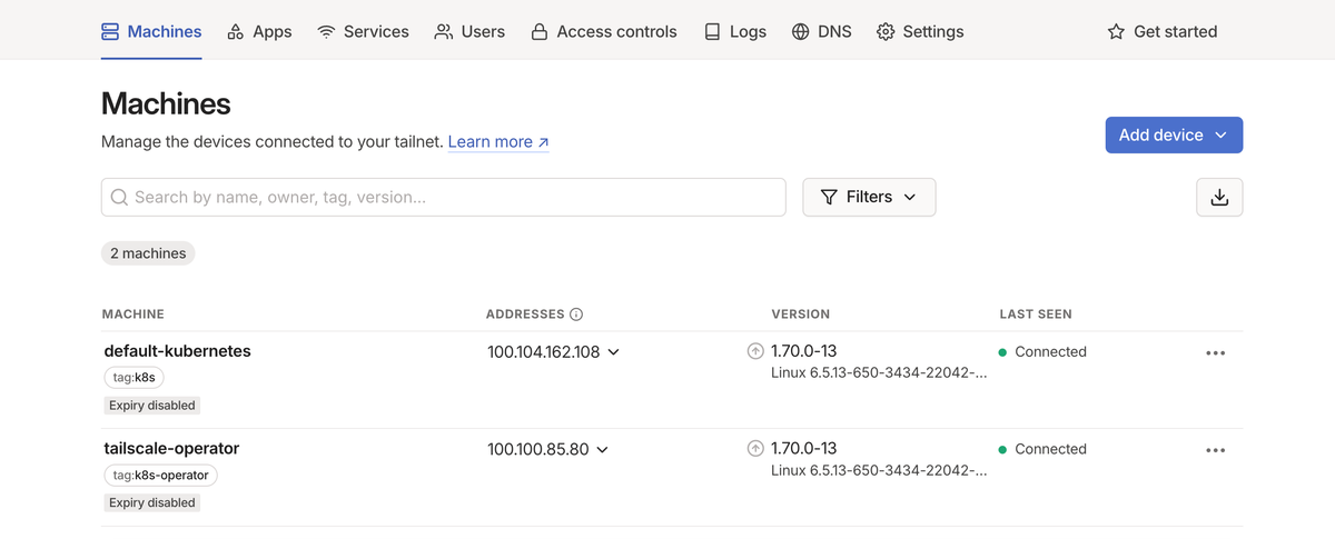 Tailscale admin console showing default clients connected